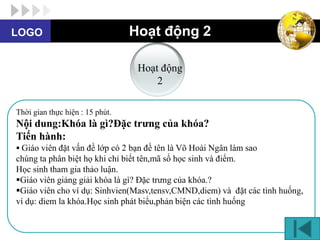 LOGO                             Hoạt động 2

                                  Hoạt động
                                      2

Thời gian thực hiện : 15 phút.
Nội dung:Khóa là gì?Đặc trưng của khóa?
Tiến hành:
 Giáo viên đặt vấn đề lớp có 2 bạn đề tên là Võ Hoài Ngân làm sao
chúng ta phân biệt họ khi chỉ biết tên,mã số học sinh và điểm.
Học sinh tham gia thảo luận.
Giáo viên giảng giải khóa là gì? Đặc trưng của khóa.?
Giáo viên cho ví dụ: Sinhvien(Masv,tensv,CMND,diem) và đặt các tình huống,
ví dụ: diem la khóa.Học sinh phát biểu,phản biện các tình huống
 