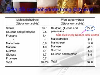 Biến đổi carbhohydrate trong dịch wort
Malt carbohydrate
(%total wort solids)
Wort carbohydrate
(%total wort solids)
Starch
Glucans and pentosans
Fructans
-
Maltotriose
Maltose
Sucrose
Glucose
Fructose
Total
85.8
2.5
1.4
-
0.6
1.0
5.1
1.7
0.7
98.8%
Dextrins, glucans and
pentosans
Maltotetraose
Maltotriose
Maltose
Sucrose
Glucose and fructose
Total
22.2
6.1
14.0
41.1
5.5
8.9
97.8
Nấm men không lên men được dextrin
 
