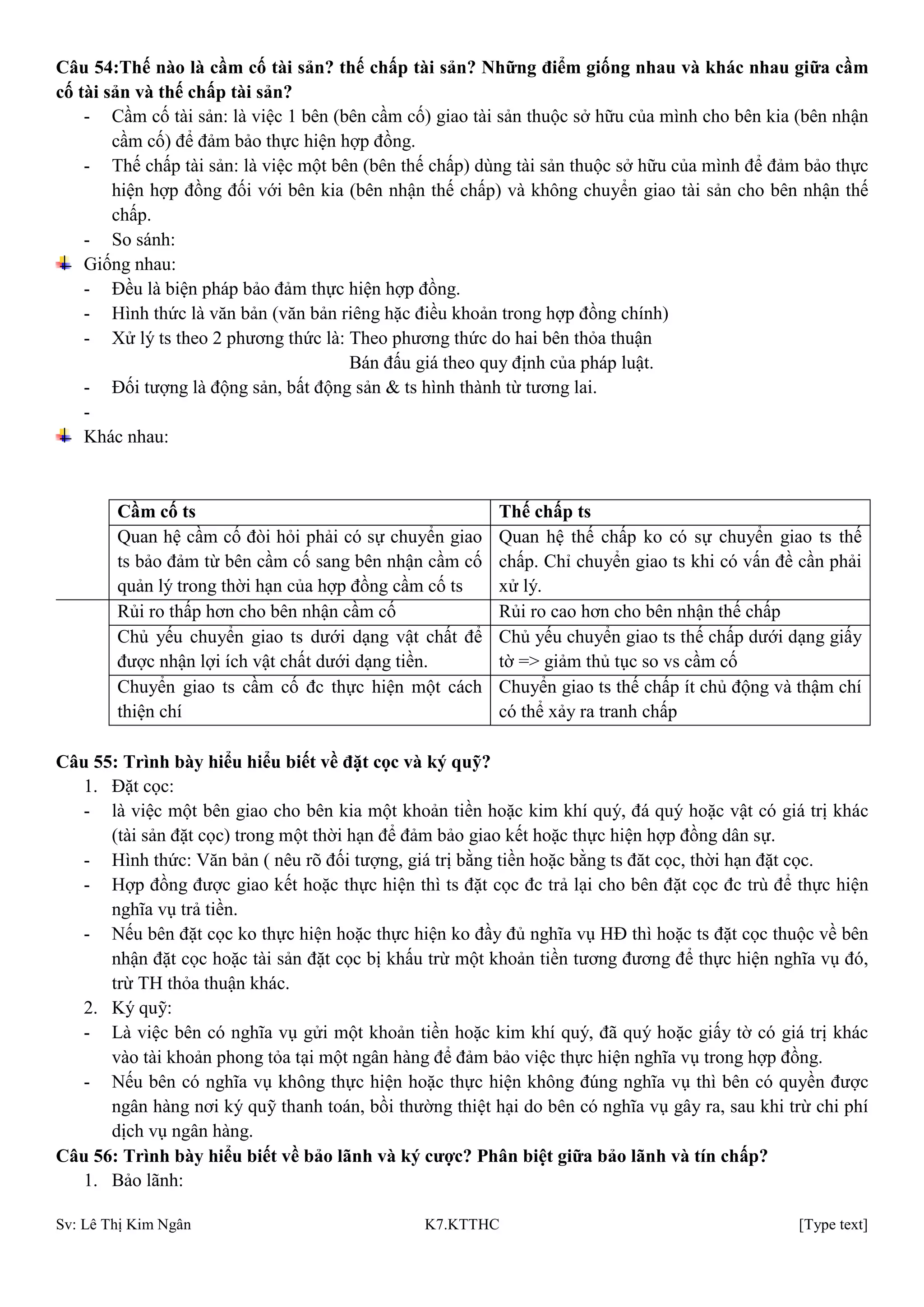 Sv: Lê Thị Kim Ngân K7.KTTHC [Type text]
Câu 54:Thế nào là cầm cố tài sản? thế chấp tài sản? Những điểm giống nhau và khác nhau giữa cầm
cố tài sản và thế chấp tài sản?
- Cầm cố tài sản: là việc 1 bên (bên cầm cố) giao tài sản thuộc sở hữu của mình cho bên kia (bên nhận
cầm cố) để đảm bảo thực hiện hợp đồng.
- Thế chấp tài sản: là việc một bên (bên thế chấp) dùng tài sản thuộc sở hữu của mình để đảm bảo thực
hiện hợp đồng đối với bên kia (bên nhận thế chấp) và không chuyển giao tài sản cho bên nhận thế
chấp.
- So sánh:
Giống nhau:
- Đều là biện pháp bảo đảm thực hiện hợp đồng.
- Hình thức là văn bản (văn bản riêng hặc điều khoản trong hợp đồng chính)
- Xử lý ts theo 2 phương thức là: Theo phương thức do hai bên thỏa thuận
Bán đấu giá theo quy định của pháp luật.
- Đối tượng là động sản, bất động sản & ts hình thành từ tương lai.
-
Khác nhau:
Cầm cố ts Thế chấp ts
Quan hệ cầm cố đòi hỏi phải có sự chuyển giao
ts bảo đảm từ bên cầm cố sang bên nhận cầm cố
quản lý trong thời hạn của hợp đồng cầm cố ts
Quan hệ thế chấp ko có sự chuyển giao ts thế
chấp. Chỉ chuyển giao ts khi có vấn đề cần phải
xử lý.
Rủi ro thấp hơn cho bên nhận cầm cố Rủi ro cao hơn cho bên nhận thế chấp
Chủ yếu chuyển giao ts dưới dạng vật chất để
được nhận lợi ích vật chất dưới dạng tiền.
Chủ yếu chuyển giao ts thế chấp dưới dạng giấy
tờ => giảm thủ tục so vs cầm cố
Chuyển giao ts cầm cố đc thực hiện một cách
thiện chí
Chuyển giao ts thế chấp ít chủ động và thậm chí
có thể xảy ra tranh chấp
Câu 55: Trình bày hiểu hiểu biết về đặt cọc và ký quỹ?
1. Đặt cọc:
- là việc một bên giao cho bên kia một khoản tiền hoặc kim khí quý, đá quý hoặc vật có giá trị khác
(tài sản đặt cọc) trong một thời hạn để đảm bảo giao kết hoặc thực hiện hợp đồng dân sự.
- Hình thức: Văn bản ( nêu rõ đối tượng, giá trị bằng tiền hoặc bằng ts đăt cọc, thời hạn đặt cọc.
- Hợp đồng được giao kết hoặc thực hiện thì ts đặt cọc đc trả lại cho bên đặt cọc đc trù để thực hiện
nghĩa vụ trả tiền.
- Nếu bên đặt cọc ko thực hiện hoặc thực hiện ko đầy đủ nghĩa vụ HĐ thì hoặc ts đặt cọc thuộc về bên
nhận đặt cọc hoặc tài sản đặt cọc bị khấu trừ một khoản tiền tương đương để thực hiện nghĩa vụ đó,
trừ TH thỏa thuận khác.
2. Ký quỹ:
- Là việc bên có nghĩa vụ gửi một khoản tiền hoặc kim khí quý, đã quý hoặc giấy tờ có giá trị khác
vào tài khoản phong tỏa tại một ngân hàng để đảm bảo việc thực hiện nghĩa vụ trong hợp đồng.
- Nếu bên có nghĩa vụ không thực hiện hoặc thực hiện không đúng nghĩa vụ thì bên có quyền được
ngân hàng nơi ký quỹ thanh toán, bồi thường thiệt hại do bên có nghĩa vụ gây ra, sau khi trừ chi phí
dịch vụ ngân hàng.
Câu 56: Trình bày hiểu biết về bảo lãnh và ký cƣợc? Phân biệt giữa bảo lãnh và tín chấp?
1. Bảo lãnh:
 