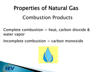 Properties of Natural Gas 
Combustion Products 
Complete combustion = heat, carbon dioxide & 
water vapor 
Incomplete combustion = carbon monoxide 
 