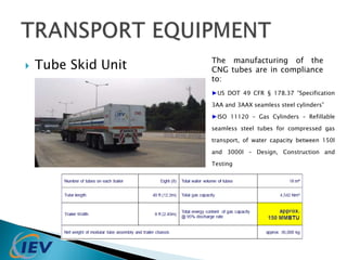  Tube Skid Unit 
The manufacturing of the 
CNG tubes are in compliance 
to: 
►US DOT 49 CFR § 178.37 “Specification 
3AA and 3AAX seamless steel cylinders” 
►ISO 11120 – Gas Cylinders – Refillable 
seamless steel tubes for compressed gas 
transport, of water capacity between 150l 
and 3000l – Design, Construction and 
Testing 
 