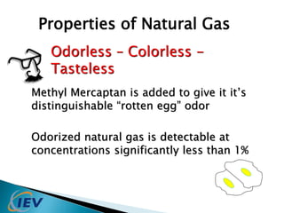 Properties of Natural Gas 
Odorless – Colorless - 
Tasteless 
Methyl Mercaptan is added to give it it’s 
distinguishable “rotten egg” odor 
Odorized natural gas is detectable at 
concentrations significantly less than 1% 
 