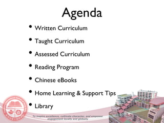 Agenda
• Written Curriculum
• Taught Curriculum
• Assessed Curriculum
• Reading Program
• Chinese eBooks
• Home Learning & Support Tips
• Library
To inspire excellence, cultivate character, and empower
engagement locally and globally
 