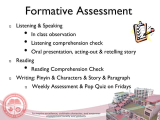 Listening & Speaking
• In class observation
• Listening comprehension check
• Oral presentation, acting-out & retelling story
Reading
• Reading Comprehension Check
Writing: Pinyin & Characters & Story & Paragraph
Weekly Assessment & Pop Quiz on Fridays
Formative Assessment
To inspire excellence, cultivate character, and empower
engagement locally and globally
 