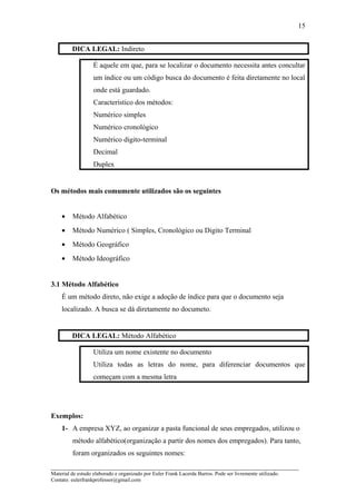 DICA LEGAL: Indireto
É aquele em que, para se localizar o documento necessita antes concultar
um índice ou um código busca do documento é feita diretamente no local
onde está guardado.
Característico dos métodos:
Numérico simples
Numérico cronológico
Numérico digito-terminal
Decimal
Duplex
Os métodos mais comumente utilizados são os seguintes
• Método Alfabético
• Método Numérico ( Simples, Cronológico ou Digito Terminal
• Método Geográfico
• Método Ideográfico
3.1 Método Alfabético
É um método direto, não exige a adoção de índice para que o documento seja
localizado. A busca se dá diretamente no documeto.
DICA LEGAL: Método Alfabético
Utiliza um nome existente no documento
Utiliza todas as letras do nome, para diferenciar documentos que
começam com a mesma letra
Exemplos:
1- A empresa XYZ, ao organizar a pasta funcional de seus empregados, utilizou o
método alfabético(organização a partir dos nomes dos empregados). Para tanto,
foram organizados os seguintes nomes:
_____________________________________________________________________
Material de estudo elaborado e organizado por Euler Frank Lacerda Barros. Pode ser livremente utilizado.
Contato: eulerfrankprofessor@gmail.com
15
 