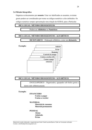 3.4 Método Ideográfico
Organiza os documentos por assunto. Uma vez idenficados os assuntos, os temas
gerais podem ser considerados por nome ou códigos numérico a eles atribuídos. Os
códigos numérico sempre apresentação uma relação do GERAL para o Particular.
DICA LEGAL: MÉTODO IDEOGRÁFICOS
Podem ser Alfabético ou Numéricos
DICA LEGAL: MÉTODO IDEOGRÁFICOS - ALFABÉTICO
DICIONÁRICO – Ordenação alfabética, como um dicionário
Exemplo:
DICA LEGAL: MÉTODO IDEOGRÁFICOS - ALFABÉTICO
ENCICLOPEDICO – Organizados, agrupados sob títulos gerais e
dentro dele alfabeticamente
Exemplo:
FINANCEIRO
Contas a pagar
Contas a receber
MATERIAL
Material de consumo
Material permanente
PESSOAL
Abono
Admissão
Férias
_____________________________________________________________________
Material de estudo elaborado e organizado por Euler Frank Lacerda Barros. Pode ser livremente utilizado.
Contato: eulerfrankprofessor@gmail.com
28
Salários
Férias
Demissão
Controle de estoque
Contas a receber (SC)
Contas a pagar
Admissão
 