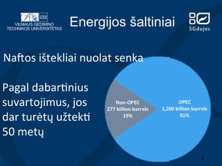 Energijos šaltiniai
Na/os	
  ištekliai	
  nuolat	
  senka	
  
Pagal	
  dabar?nius	
  
suvartojimus,	
  jos	
  
dar	
  turėtų	
  užtek?	
  
50	
  metų	
  
3

 