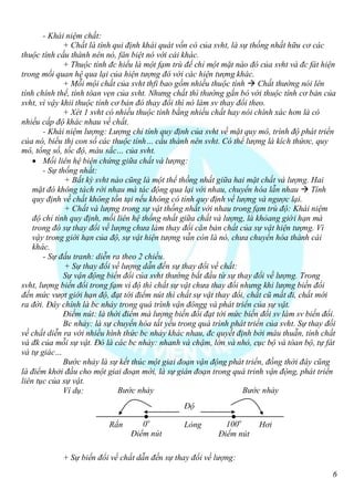 - Khái niệm chất:
              + Chất là tính qui định khái quát vốn có của svht, là sự thống nhất hữu cơ các
thuộc tính cấu thành nên nó, fân biệt nó với cái khác.
              + Thuộc tính đc hiểu là một fạm trù để chỉ một mặt nào đó của svht và đc fát hiện
trong mối quan hệ qua lại của hiện tượng đó với các hiện tượng khác.
              + Mỗi mội chất của svht thfi bao gồm nhiều thuộc tính  Chất thường nói lên
tính chính thể, tính tòan vẹn của svht. Nhưng chất thì thường gắn bó với thuộc tính cơ bản của
svht, vì vậy khii thuộc tính cơ bản đó thay đổi thì nó làm sv thay đổi theo.
              + Xét 1 svht có nhiều thuộc tính bằng nhiều chất hay nói chính xác hơn là có
nhiều cấp độ khác nhau về chất.
       - Khái niệm lượng: Lượng chỉ tính quy định của svht về mặt quy mô, trình độ phát triển
của nó, biểu thị con số các thuộc tính… cấu thành nên svht. Có thể lượng là kích thứơc, quy
mô, tổng số, tốc độ, màu sắc… của svht.
     Mối liên hệ biện chứng giữa chất và lượng:
       - Sự thống nhất:
              + Bất kỳ svht nào cũng là một thể thồng nhất giữa hai mặt chất và lượng. Hai
    mặt đó không tách rời nhau mà tác động qua lại với nhau, chuyển hóa lẫn nhau  Tính
    quy định về chất không tồn tại nếu không có tính quy định về lượng và ngược lại.
              + Chất và lượng trong sự vật thống nhất với nhau trong fạm trù độ: Khái niệm
    độ chỉ tính quy định, mối liên hệ thống nhất giữa chất và lượng, là khỏang giới hạn mà
    trong đó sự thay đổi về lượng chưa làm thay đổi căn bản chất của sự vật hiện tượng. Vì
    vậy trong giới hạn của độ, sự vật hiện tượng vẫn còn là nó, chưa chuyển hóa thành cái
    khác.
       - Sự đấu tranh: diễn ra theo 2 chiều.
              + Sự thay đổi về lượng dẫn đến sự thay đổi về chất:
              Sự vận động biến đổi của svht thường bắt đầu từ sự thay đổi về lượng. Trong
svht, lượng biến đổi trong fạm vi độ thì chất sự vật chưa thay đổi nhưng khi lượng biến đổi
đến mức vượt giới hạn độ, đạt tới điểm nút thì chất sự vật thay đổi, chất cũ mất đi, chất mới
ra đời. Đây chính là bc nhảy trong quá trình vận đôngg và phát triển của sự vật.
              Điểm nút: là thời điểm mà lượng biến đổi đạt tới mức biến đổi sv làm sv biến đổi.
              Bc nhảy: là sự chuyển hóa tất yếu trong quá trình phát triển của svht. Sự thay đổi
về chất diễn ra với nhiều hình thức bc nhảy khác nhau, đc quyết định bởi mâu thuẫn, tính chất
và đk của mỗi sự vật. Đó là các bc nhảy: nhanh và chậm, lớn và nhỏ, cục bộ và tòan bộ, tự fát
và tự giác…
              Bước nhảy là sự kết thúc một giai đoạn vận động phát triển, đồng thời đây cũng
là điểm khởi đầu cho một giai đoạn mới, là sự gián đoạn trong quá trinh vận động, phát triển
liên tục của sự vật.
              Ví dụ:           Bước nhảy                             Bước nhảy
                                                 Độ

                          Rắn       0o           Lỏng         100o      Hơi
                                 Điểm nút                   Điểm nút

            + Sự biến đổi về chất dẫn đến sự thay đổi về lượng:

                                                                                               6
 