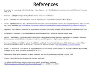 References 
•Braskamp, L. A., Brandenburg, D. C., Kohen, E., Ory, J. C. and Mayberry, P. W. (1983) Guidebook for evaluating teaching, NACTA Journal - December 1983, 72-76. 
•Brookfield, S. (1995) Becoming a critically reflective teacher. Jossey-Bass: San Francisco. 
•Brown, S. (2010) Play. How it shapes the brain, opens the imagination, and invigorates the soul, London: Avery, Penguin. 
•James, A. R. (2013) Lego Serious Play: a three-dimensional approach to learning development, in: Journal of Learning Development in Higher Education, No. 6 (2013), available at http://www.aldinhe.ac.uk/ojs/index.php?journal=jldhe&page=article&op=view&path%5B%5D=208&path%5B%5D=154 
•Gauntlett, D. (2011) Making is connecting. The social meaning of creativity, from DIY and knitting to YouTube and Web2.0, Cambridge: Polity Press. 
•Kristiansen, P. & Rasmussen, R. (2014) Building a better business using the LEGO® Serious Play® Method, Hooken: Wiley. 
•Nerantzi, C and Despard, C (i2014) Lego models to aid reflection. Enhancing the summative assessment experience in the context of Professional Discussions within accredited Academic Development provision, Journal Perspectives in Applied Academic Practice 
•Nerantzi, C and McCusker, S (2014) A taster of the LEGO(R) Serious Play(R) Method for Higher Education, OER14 Building Communities of Open Practice, Conference Proceedings, 28-29 April 2014, Centre for Life, Newcastle, available at http://www.medev.ac.uk/oer14/19/view/ 
•Porter, S. R., Whitcomb, M. E. and Weitzer, W. H. (2004) Multiple Surveys of Students and Survey Fatigue, in: NEW DIRECTIONS FOR INSTITUTIONAL RESEARCH, no. 121, Spring 2004, Wiley Periodicals, Inc, pp. 63-73. 
•Rasmussen, R. (2006). When you build in the world, you build in your mind. Design Management Review, 17(3), pp. 53-63. 
•Schön, D. (1983) The Reflective Practitioner, San Francisco: Jossey-Bass. 
•The LEGO Group (2010). Open-source/<Introduction to LEGO(R) Serious Play(R), available at http://seriousplaypro.com/docs/LSP_Open_Source_Brochure.pdf [accessed 29 December 2013]  
