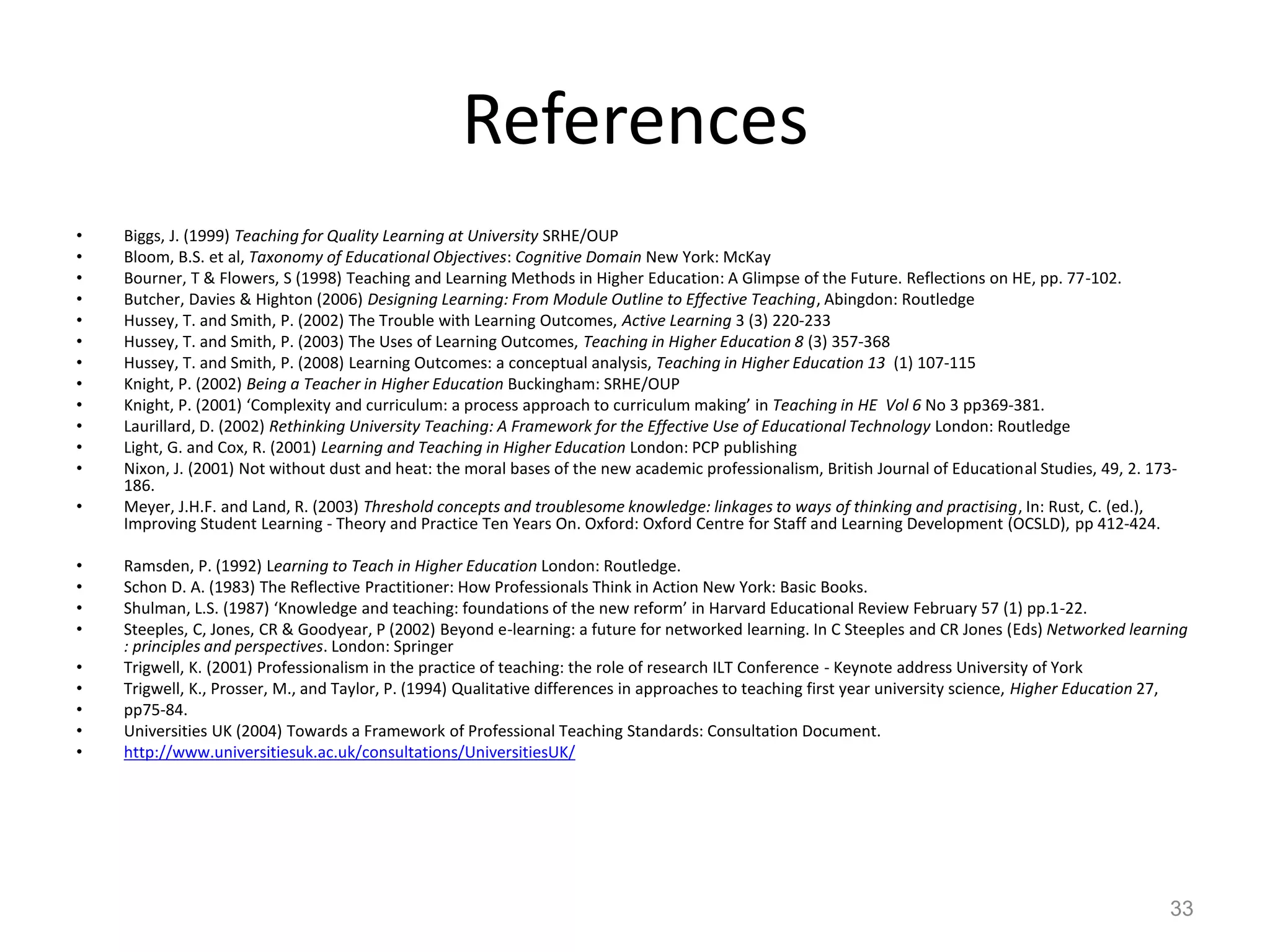 References
•
•
•
•
•
•
•
•
•
•
•
•
•
•
•
•
•
•
•
•
•
•

Biggs, J. (1999) Teaching for Quality Learning at University SRHE/OUP
Bloom, B.S. et al, Taxonomy of Educational Objectives: Cognitive Domain New York: McKay
Bourner, T & Flowers, S (1998) Teaching and Learning Methods in Higher Education: A Glimpse of the Future. Reflections on HE, pp. 77-102.
Butcher, Davies & Highton (2006) Designing Learning: From Module Outline to Effective Teaching, Abingdon: Routledge
Hussey, T. and Smith, P. (2002) The Trouble with Learning Outcomes, Active Learning 3 (3) 220-233
Hussey, T. and Smith, P. (2003) The Uses of Learning Outcomes, Teaching in Higher Education 8 (3) 357-368
Hussey, T. and Smith, P. (2008) Learning Outcomes: a conceptual analysis, Teaching in Higher Education 13 (1) 107-115
Knight, P. (2002) Being a Teacher in Higher Education Buckingham: SRHE/OUP
Knight, P. (2001) ‘Complexity and curriculum: a process approach to curriculum making’ in Teaching in HE Vol 6 No 3 pp369-381.
Laurillard, D. (2002) Rethinking University Teaching: A Framework for the Effective Use of Educational Technology London: Routledge
Light, G. and Cox, R. (2001) Learning and Teaching in Higher Education London: PCP publishing
Nixon, J. (2001) Not without dust and heat: the moral bases of the new academic professionalism, British Journal of Educational Studies, 49, 2. 173186.
Meyer, J.H.F. and Land, R. (2003) Threshold concepts and troublesome knowledge: linkages to ways of thinking and practising, In: Rust, C. (ed.),
Improving Student Learning - Theory and Practice Ten Years On. Oxford: Oxford Centre for Staff and Learning Development (OCSLD), pp 412-424.
Ramsden, P. (1992) Learning to Teach in Higher Education London: Routledge.
Schon D. A. (1983) The Reflective Practitioner: How Professionals Think in Action New York: Basic Books.
Shulman, L.S. (1987) ‘Knowledge and teaching: foundations of the new reform’ in Harvard Educational Review February 57 (1) pp.1-22.
Steeples, C, Jones, CR & Goodyear, P (2002) Beyond e-learning: a future for networked learning. In C Steeples and CR Jones (Eds) Networked learning
: principles and perspectives. London: Springer
Trigwell, K. (2001) Professionalism in the practice of teaching: the role of research ILT Conference - Keynote address University of York
Trigwell, K., Prosser, M., and Taylor, P. (1994) Qualitative differences in approaches to teaching first year university science, Higher Education 27,
pp75-84.
Universities UK (2004) Towards a Framework of Professional Teaching Standards: Consultation Document.
http://www.universitiesuk.ac.uk/consultations/UniversitiesUK/

33

 