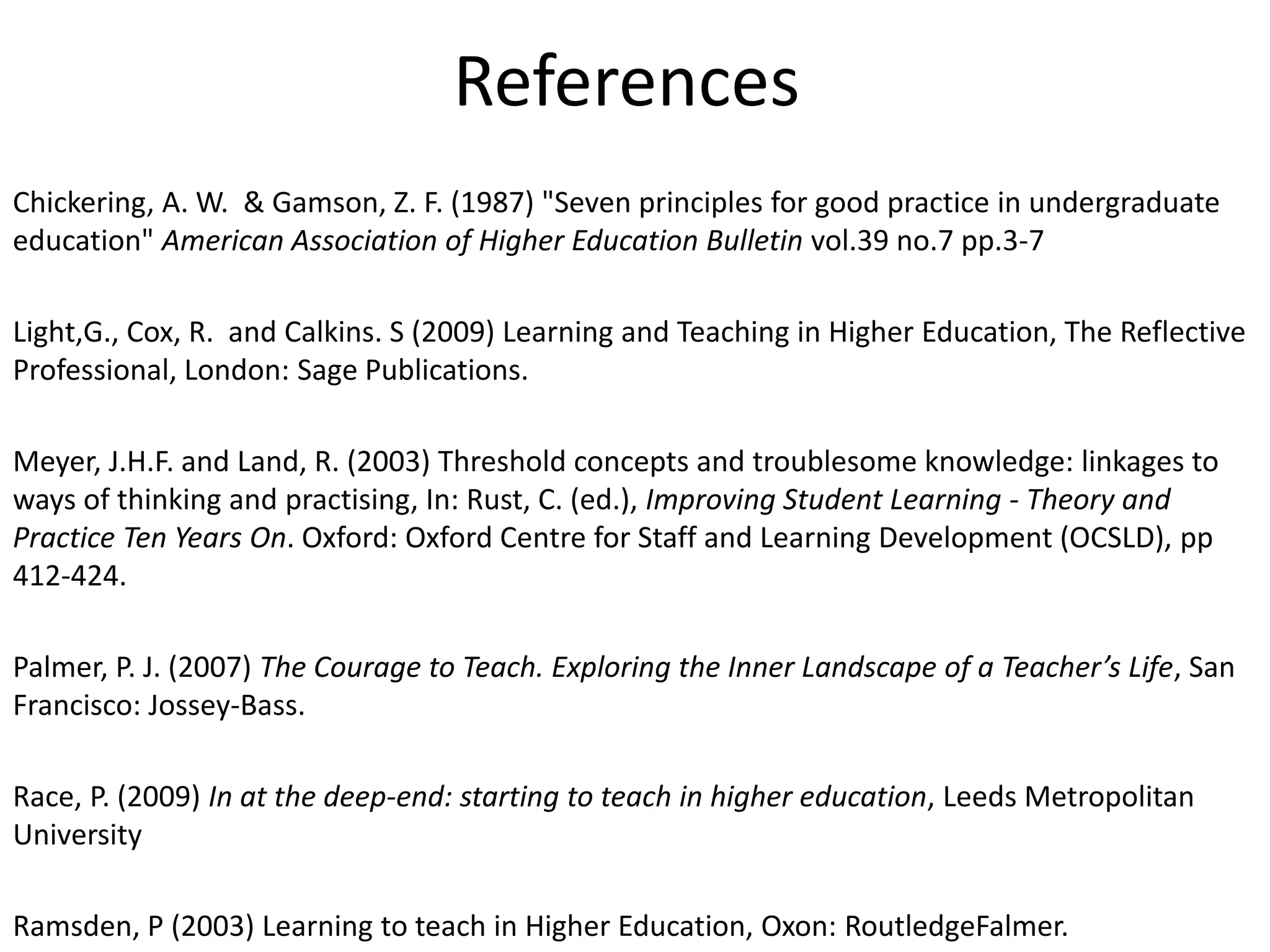 References
Chickering, A. W. & Gamson, Z. F. (1987) "Seven principles for good practice in undergraduate
education" American Association of Higher Education Bulletin vol.39 no.7 pp.3-7
Light,G., Cox, R. and Calkins. S (2009) Learning and Teaching in Higher Education, The Reflective
Professional, London: Sage Publications.
Meyer, J.H.F. and Land, R. (2003) Threshold concepts and troublesome knowledge: linkages to
ways of thinking and practising, In: Rust, C. (ed.), Improving Student Learning - Theory and
Practice Ten Years On. Oxford: Oxford Centre for Staff and Learning Development (OCSLD), pp
412-424.
Palmer, P. J. (2007) The Courage to Teach. Exploring the Inner Landscape of a Teacher’s Life, San
Francisco: Jossey-Bass.
Race, P. (2009) In at the deep-end: starting to teach in higher education, Leeds Metropolitan
University
Ramsden, P (2003) Learning to teach in Higher Education, Oxon: RoutledgeFalmer.

 