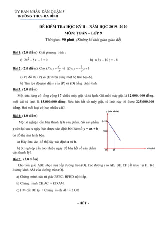 x (ngày)
y (sản phẩm)
17
1410
900
O
ỦY BAN NHÂN DÂN QUẬN 5
TRƯỜNG THCS BA ĐÌNH
ĐỀ KIỂM TRA HỌC KỲ II – NĂM HỌC 2019- 2020
MÔN: TOÁN – LỚP 9
Thời gian: 90 phút (Không kể thời gian giao đề)
Bài 1: (2,0 điểm) Giải phương trình :
a) 2x2 – 5x – 3 =0 b) x(3x – 10 ) = - 8
Bài 2: (2,0 điểm) Cho
2
( ) :
2
x
P y  và
1
( ): 3
2
D y x
  
a) Vẽ đồ thị (P) và (D) trên cùng một hệ trục tọa độ.
b) Tìm tọa độ giao điểm của (P) và (D) bằng phép tính.
Bài 3: (2,0 điểm)
Một cửa hàng có tổng cộng 17 chiếc máy giặt và tủ lạnh. Giá mỗi máy giặt là 12.000. 000 đồng,
mỗi cái tủ lạnh là 15.000.000 đồng. Nếu bán hết số máy giặt, tủ lạnh này thì được 225.000.000
đồng. Hỏi mỗi loại có bao nhiêu cái?.
Bài 4: (1,0 điểm)
Một xí nghiệp cần bán thanh lý b sản phẩm. Số sản phẩm
y còn lại sau x ngày bán được xác định bởi hàmsố y = ax + b
có đồ thị như hình bên.
a) Hãy dựa vào đồ thị hãy xác định a và b.
b) Xí nghiệp cần bao nhiêu ngày để bán hết số sản phẩm
cần thanh lý?
Bài 5: (3,0 điểm)
Cho tam giác ABC nhọn nội tiếp đường tròn (O). Các đường cao AD, BE, CF cắt nhau tại H. Kẻ
đường kính AM của đường tròn (O).
a) Chứng minh các tứ giác BFEC, BFHD nội tiếp.
b) Chứng minh CH.AC = CD.AM.
c) HM cắt BC tại I. Chứng minh AH = 2.OI?
- HẾT -
 