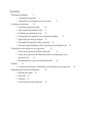 sumário
1 Principais resultados       9
       1.1 Avaliação do governo        9
       1.2 Expectativa com relação ao novo governo         9
2 Avaliação do governo        10
       2.1 Avaliação do governo Lula        10
       2.2 Aprovação do presidente Lula     11
       2.3 Confiança no presidente Lula     12
       2.4 Comparação do segundo com o primeiro mandato         13
       2.5 Aprovação por área de atuação    14
       2.6 Percepção do noticiário sobre o governo    19
       2.7 Assuntos mais lembrados sobre o governo do presidente Lula   20
3 Expectativa com relação ao novo governo            21
       3.1 Como será o governo de Dilma Rousseff           21
       3.2 Como será o governo de Dilma Rousseff em comparação com o
            governo Lula      21
       3.3 Prioridades para o governo Dilma Rousseff       22
4 Tabelas      24
       4.1 Avaliação do governo / Expectativa com relação ao novo governo    24
5 Especificações Técnicas da Pesquisa       32
       5.1 Período de campo       32
       5.2 Universo 32
       5.3 Amostra    32
       5.4 Variáveis para cotas amostrais   32
 