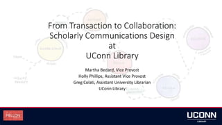 From Transaction to Collaboration:
Scholarly Communications Design
at
UConn Library
Martha Bedard, Vice Provost
Holly Phillips, Assistant Vice Provost
Greg Colati, Assistant University Librarian
UConn Library
 