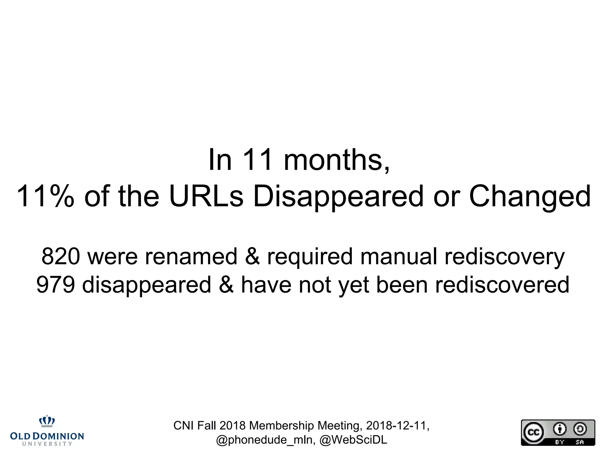 CNI Fall 2018 Membership Meeting, 2018-12-11,
@phonedude_mln, @WebSciDL
In 11 months,
11% of the URLs Disappeared or Changed
820 were renamed & required manual rediscovery
979 disappeared & have not yet been rediscovered