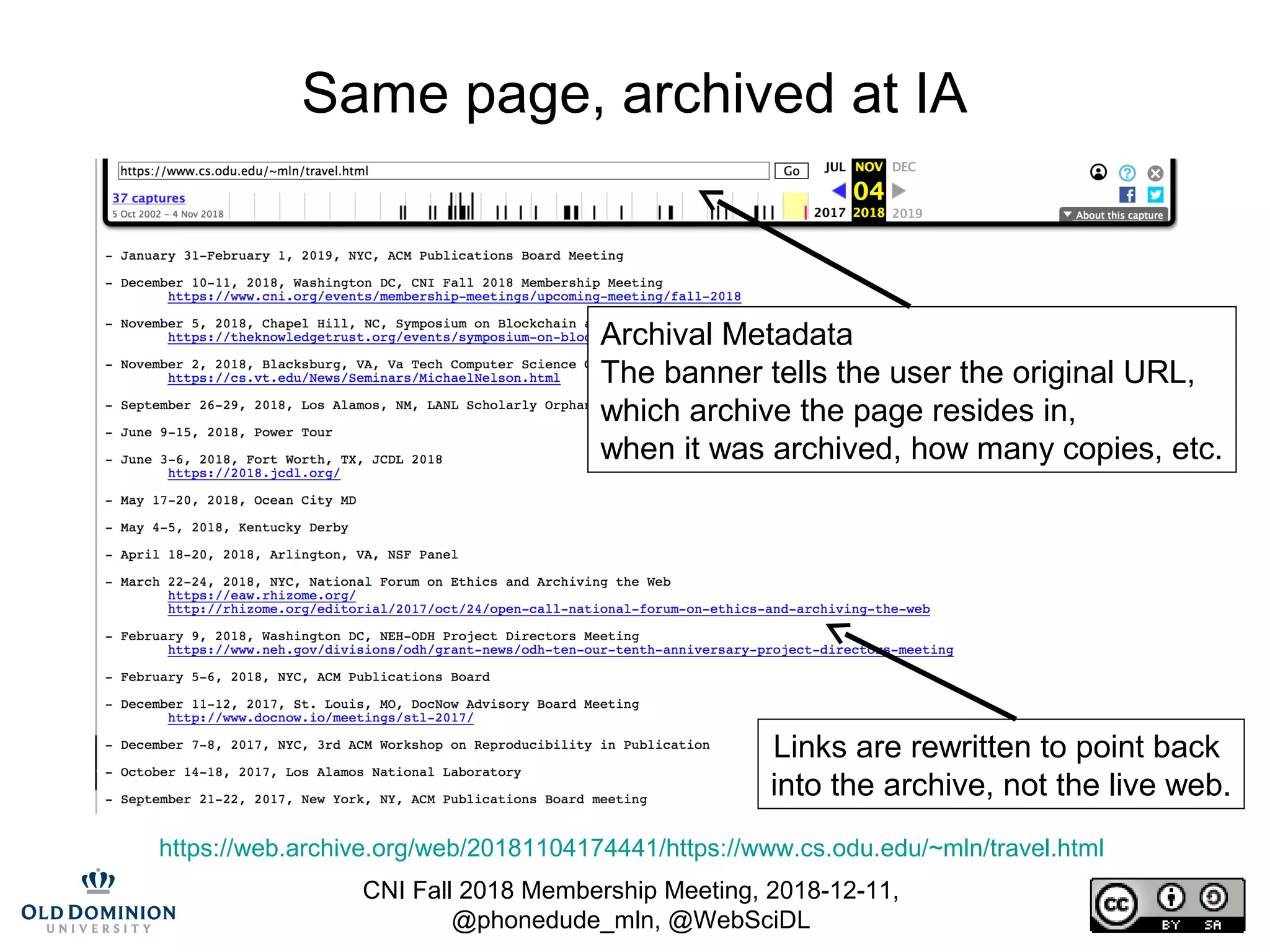 CNI Fall 2018 Membership Meeting, 2018-12-11,
@phonedude_mln, @WebSciDL
Same page, archived at IA
https://web.archive.org/web/20181104174441/https://www.cs.odu.edu/~mln/travel.html
Archival Metadata
The banner tells the user the original URL,
which archive the page resides in,
when it was archived, how many copies, etc.
Links are rewritten to point back
into the archive, not the live web.