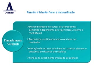 Direções e Soluções Rumo a Universalização




                Disponibilidade de recursos de acordo com a
                 demanda independente de origem (local, externo e
                 multilateral)

Financiamento   Mecanismos de financiamento com base em
                 resultados
  Adequado
                Alocação de recursos com base em critérios técnicos e
                 existência de sistemas de subsídios

                Fundos de investimento (mercado de capitais)



                                                                         8
 