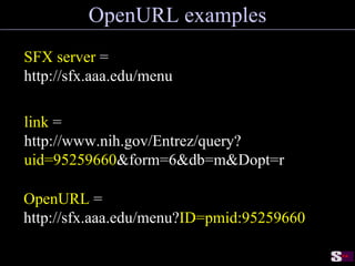 link  =  http://www.nih.gov/Entrez/query? uid=95259660 &form=6&db=m&Dopt=r OpenURL examples OpenURL  = http://sfx.aaa.edu/menu? ID=pmid:95259660 SFX server  =  http://sfx.aaa.edu/menu 