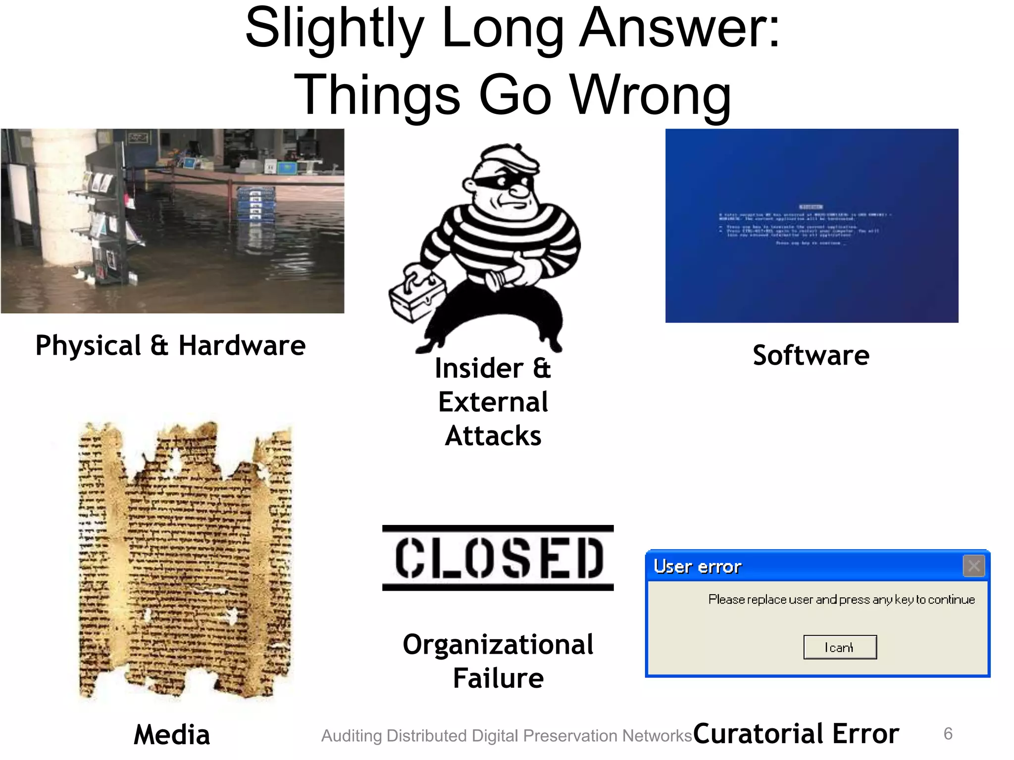 Slightly Long Answer: Things Go Wrong Physical & Hardware Software Insider & External Attacks Organizational Failure Media Auditing Distributed Digital Preservation Networks Curatorial Error 6 