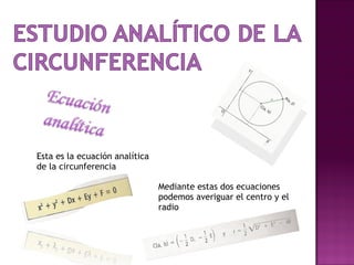 Esta es la ecuación analítica de la circunferencia Mediante estas dos ecuaciones podemos averiguar el centro y el radio