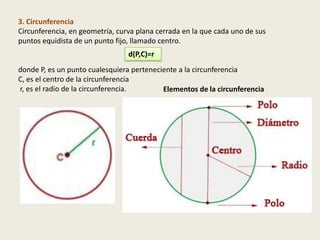 3. Circunferencia
Circunferencia, en geometría, curva plana cerrada en la que cada uno de sus
puntos equidista de un punto fijo, llamado centro.
                                 d(P,C)=r
donde P, es un punto cualesquiera perteneciente a la circunferencia
C, es el centro de la circunferencia
r, es el radio de la circunferencia.       Elementos de la circunferencia
 