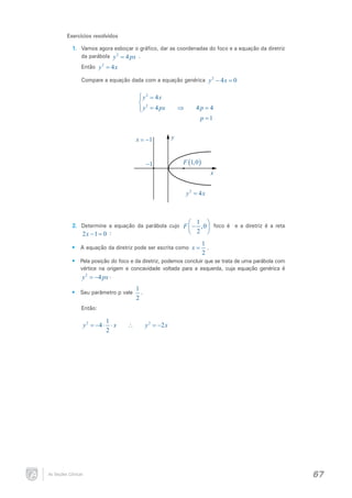 Exercícios resolvidos
1.	 Vamos agora esboçar o gráfico, dar as coordenadas do foco e a equação da diretriz
da parábola y 2 = 4 px .
Então y 2 = 4 x
Compare a equação dada com a equação genérica y 2 − 4 x =
0

 y2 = 4x

 2
 y = 4 px


⇒

4p = 4
p =1

x = −1
−1

y
F (1,0 )
x
y2 = 4x

 1



•	 A equação da diretriz pode ser escrita como x =

1
.
2

2.	 Determine a equação da parábola cujo F  − ,0  foco é e a diretriz é a reta
 2 
2x −1 = :
0

•	 Pela posição do foco e da diretriz, podemos concluir que se trata de uma parábola com
vértice na origem e concavidade voltada para a esquerda, cuja equação genérica é
y 2 = −4 px .
•	 Seu parâmetro p vale

1
.
2

Então:

1
y 2 =−4 ⋅ ⋅ x
2

As Seções Cônicas

∴

y 2 =−2 x

67

 