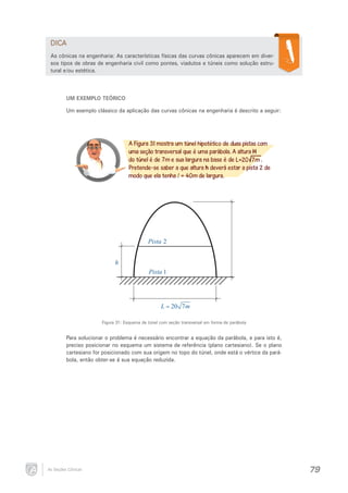 DICA
As cônicas na engenharia: As características físicas das curvas cônicas aparecem em diversos tipos de obras de engenharia civil como pontes, viadutos e túneis como solução estrutural e/ou estética.

UM EXEMPLO TEÓRICO
Um exemplo clássico da aplicação das curvas cônicas na engenharia é descrito a seguir:

A Figura 31 mostra um túnel hipotético de duas pistas com
uma seção transversal que é uma parábola. A altura H
do túnel é de 7m e sua largura na base é de L=20 7m .
Pretende-se saber a que altura h deverá estar a pista 2 de
modo que ela tenha l = 40m de largura.

Pista 2
h
Pista 1

L = 20 7 m
Figura 31: Esquema de túnel com seção transversal em forma de parábola

Para solucionar o problema é necessário encontrar a equação da parábola, e para isto é,
preciso posicionar no esquema um sistema de referência (plano cartesiano). Se o plano
cartesiano for posicionado com sua origem no topo do túnel, onde está o vértice da parábola, então obter-se á sua equação reduzida.

As Seções Cônicas

79

 