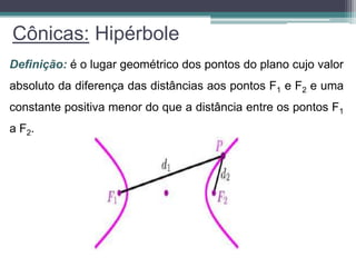 Cônicas: Hipérbole
Definição: é o lugar geométrico dos pontos do plano cujo valor
absoluto da diferença das distâncias aos pontos F1 e F2 e uma
constante positiva menor do que a distância entre os pontos F1
a F2.
 