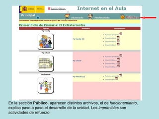 En la sección Público , aparecen distintos archivos, el de funcionamiento , explica paso a paso el desarrollo de la unidad. Los imprimibles son actividades de refuerzo