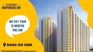 BANG ON OMR
TN/01/BUILDING/0015/2019 | www.tnrera.in
WE PAY YOUR
12 MONTHS
PRE-EMI
 