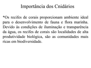 Importância dos Cnidários
*Os recifes de corais proporcionam ambiente ideal
para o desenvolvimento de fauna e flora marinha.
Devido às condições de iluminação e transparência
da água, os recifes de corais são localidades de alta
produtividade biológica, são as comunidades mais
ricas em biodiversidade.
 