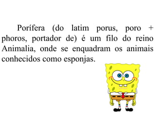 Porífera (do latim porus, poro +
phoros, portador de) é um filo do reino
Animalia, onde se enquadram os animais
conhecidos como esponjas.
 