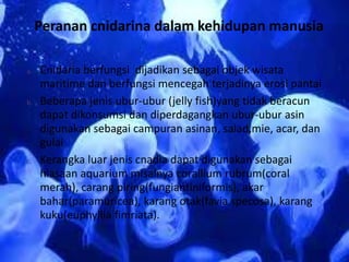 Peranan cnidarina dalam kehidupan manusia
a. Cnidaria berfungsi dijadikan sebagai objek wisata
maritime dan berfungsi mencegah terjadinya erosi pantai
b. Beberapa jenis ubur-ubur (jelly fish)yang tidak beracun
dapat dikonsumsi dan diperdagangkan ubur-ubur asin
digunakan sebagai campuran asinan, salad,mie, acar, dan
gulai
c. Kerangka luar jenis cnadia dapat digunakan sebagai
hiasaan aquarium misalnya corallium rubrum(coral
merah), carang piring(fungiantiniformis), akar
bahar(paramuricea), karang otak(favia specosa), karang
kuku(euphyllia fimriata).
 