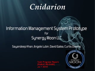 Cnidarion

Information Management System Prototype
                            For
                 Synergy Moon LLC
  Sayandeep Khan, Angele Lubin, David Galea, Curtis Owens


                      Team Progress Report
                      [PUBLIC RELEASE]
                      Jul 1 2012
 
