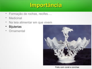 • Formação de rochas, recifes….
• Medicinal
• Na teia alimentar em que vivem
• Bijuterias
• Ornamental
ImportânciaImportância
Feito com coral e conchas
 