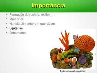 • Formação de rochas, recifes….
• Medicinal
• Na teia alimentar em que vivem
• Bijuterias
• Ornamental
ImportânciaImportância
Feito com coral e conchas
 