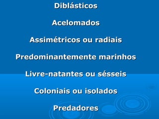 Diblásticos

        Acelomados

   Assimétricos ou radiais

Predominantemente marinhos

  Livre-natantes ou sésseis

    Coloniais ou isolados

        Predadores
 