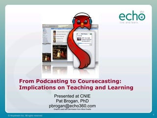 From Podcasting to Coursecasting: Implications on Teaching and Learning Presented at CNIE Pat Brogan, PhD [email_address] Graphic used with permission from Mica Ovadia 