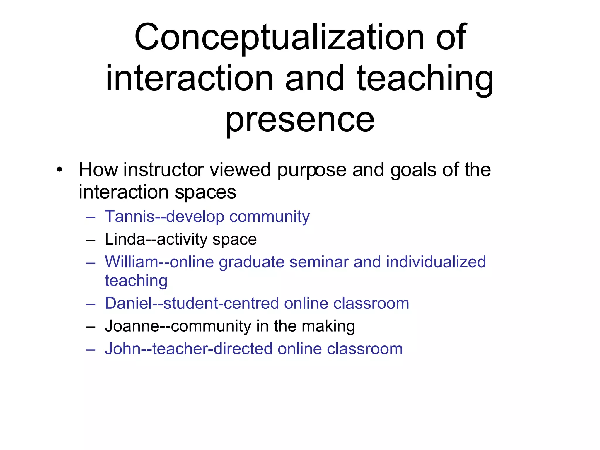 Conceptualization of interaction and teaching presence How instructor viewed purpose and goals of the interaction spaces Tannis--develop community Linda--activity space William--online graduate seminar and individualized teaching Daniel--student-centred online classroom Joanne--community in the making John--teacher-directed online classroom 