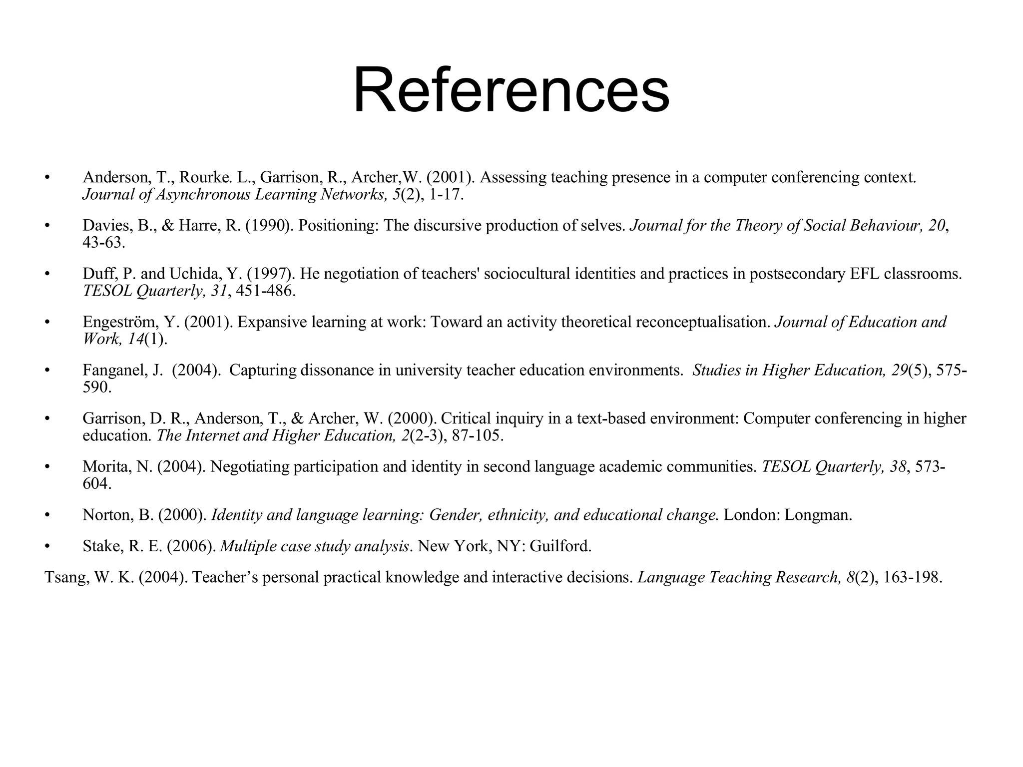 References Anderson, T., Rourke. L., Garrison, R., Archer,W. (2001). Assessing teaching presence in a computer conferencing context.  Journal of Asynchronous Learning Networks, 5 (2), 1-17.  Davies, B., & Harre, R. (1990). Positioning: The discursive production of selves.  Journal for the Theory of Social Behaviour, 20 , 43-63.  Duff, P. and Uchida, Y. (1997). He negotiation of teachers' sociocultural identities and practices in postsecondary EFL classrooms.  TESOL Quarterly, 31 , 451-486.  Engeström, Y. (2001). Expansive learning at work: Toward an activity theoretical reconceptualisation.  Journal of Education and Work, 14 (1).  Fanganel, J.  (2004).  Capturing dissonance in university teacher education environments.  Studies in Higher Education, 29 (5), 575-590. Garrison, D. R., Anderson, T., & Archer, W. (2000). Critical inquiry in a text-based environment: Computer conferencing in higher education.  The Internet and Higher Education, 2 (2-3), 87-105.  Morita, N. (2004). Negotiating participation and identity in second language academic communities.  TESOL Quarterly, 38 , 573-604.  Norton, B. (2000).  Identity and language learning: Gender, ethnicity, and educational change . London: Longman.  Stake, R. E. (2006).  Multiple case study analysis . New York, NY: Guilford.  Tsang, W. K. (2004). Teacher’s personal practical knowledge and interactive decisions.  Language Teaching Research, 8 (2), 163-198.  