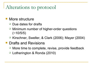 Alterations to protocol
   More structure
       Due dates for drafts
       Minimum number of higher-order questions
        (~10/5/5)
       Kirschner, Sweller, & Clark (2006); Mayer (2004)
   Drafts and Revisions
       More time to complete, revise, provide feedback
       Lotherington & Ronda (2010)
 