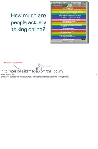 How much are
                 people actually
                 talking online?




      Provokes Conversation
                                                         foundation

                                Responsive
 http://personalizemedia.com/the-count/
Monday, January 10, 2011                                                                          23
[twitter]You can see this little counter at... http://personalizemedia.com/the-count/[/twitter]
 
