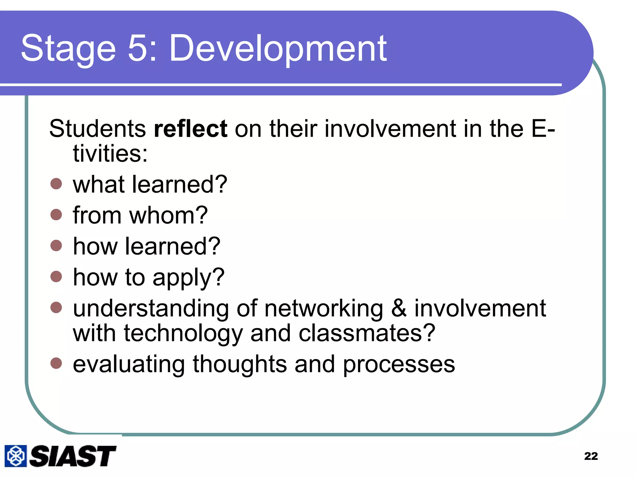Stage 5: Development Students  reflect  on their involvement in the E-tivities:  what learned? from whom? how learned? how to apply? understanding of networking & involvement with technology and classmates? evaluating thoughts and processes     