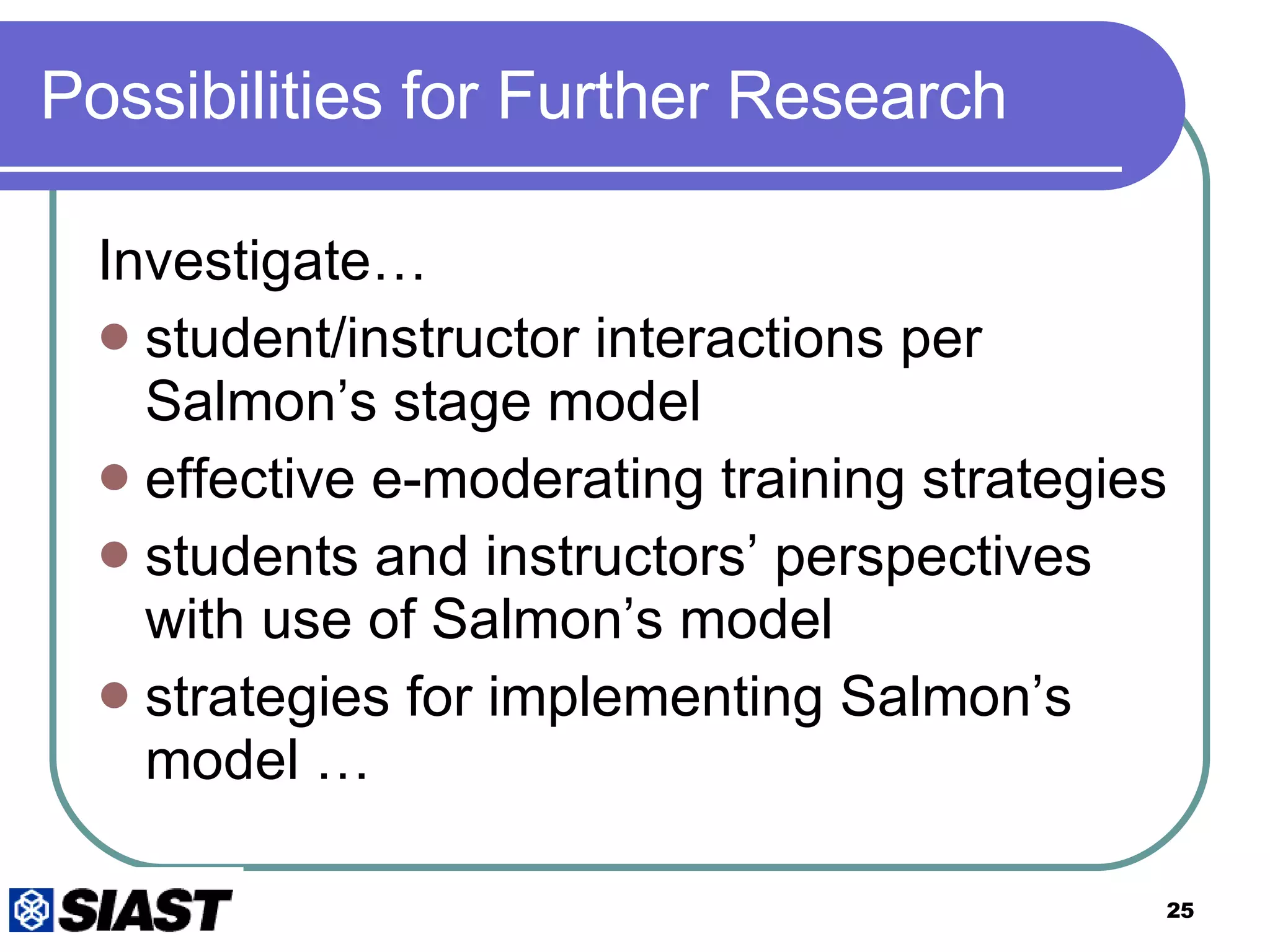 Possibilities for Further Research Investigate… student/instructor interactions per Salmon’s stage model effective e-moderating training strategies students and instructors’ perspectives with use of Salmon’s model strategies for implementing Salmon’s model … 