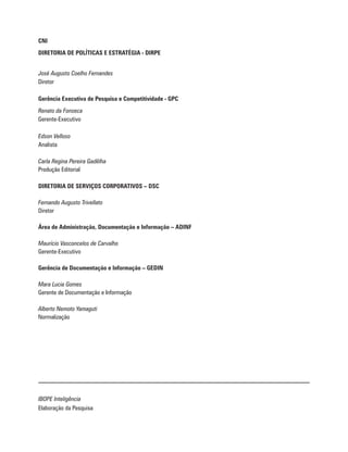 CNI
DIRETORIA DE POLÍTICAS E ESTRATÉGIA - DIRPE
José Augusto Coelho Fernandes
Diretor
Gerência Executiva de Pesquisa e Competitividade - GPC
Renato da Fonseca
Gerente-Executivo
Edson Velloso
Analista
Carla Regina Pereira Gadêlha
Produção Editorial
DIRETORIA DE SERVIÇOS CORPORATIVOS – DSC
Fernando Augusto Trivellato
Diretor
Área de Administração, Documentação e Informação – ADINF
Maurício Vasconcelos de Carvalho
Gerente-Executivo
Gerência de Documentação e Informação – GEDIN
Mara Lucia Gomes
Gerente de Documentação e Informação
Alberto Nemoto Yamaguti
Normalização
IBOPE Inteligência
Elaboração da Pesquisa
 