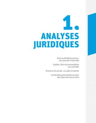ANALYSES
JURIDIQUES
1
Droit au déréférencement :
une avancée irréversible
Cookies : de la recommandation
aux contrôles
Drones et vie privée : un cadre à inventer
Les données personnelles au cœur
des enjeux de concurrence
 
