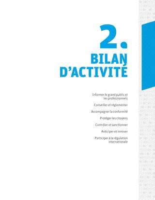 BILAN
D’ACTIVITÉ
2
Informer le grand public et
les professionnels
Conseiller et réglementer
Accompagner la conformité
Protéger les citoyens
Contrôler et sanctionner
Anticiper et innover
Participer à la régulation
internationale
 