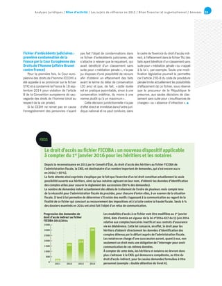 51Analyses juridiques / Bilan d’activité / Les sujets de réflexion en 2015 / Bilan financier et organisationnel / Annexes
Fichier d’antécédents judiciaires :
première condamnation de la
France par la Cour Européenne des
Droits de l’Homme (affaire Brunet
contre France)
Pour la première fois, la Cour euro-
péenne des droits de l’homme (CEDH) a
été appelée à se prononcer sur le fichier
STIC et a condamné la France le 18 sep-
tembre 2014 pour violation de l’article
8 de la Convention européenne de sau-
vegarde des droits de l’homme (droit au
respect de la vie privée).
Si la CEDH ne remet pas en cause
l’enregistrement des personnes n’ayant
pas fait l’objet de condamnations dans
ce fichier d’antécédents judiciaires, elle
s’attache à relever que le requérant, qui
avait bénéficié d’un classement sans
suite pour «médiation pénale», n’a pas
pu disposer d’une possibilité de recours
afin d’obtenir un effacement des faits
avant le terme du délai de conservation
(20 ans) et que, de fait, «cette durée
est en pratique assimilable, sinon à une
conservation indéfinie, du moins à une
norme plutôt qu’à un maximum».
Cette décision juridictionnelle n’a pas
d’effet direct et immédiat dans l’ordre juri-
dique national et ne peut conduire, dans
le cadre de l’exercice du droit d’accès indi-
rect, à l’effacement dans le fichier TAJ des
faits ayant bénéficié d’un classement sans
suite pour «médiation pénale» ou «rappel
à la loi», par exemple. Seule une modi-
fication législative pourrait le permettre
car l’article 230-8 du code de procédure
pénale limite actuellement les possibilités
d’effacement de ce fichier, sous réserve
que le procureur de la République le
prescrive, aux seules décisions de clas-
sement sans suite pour «insuffisances de
charges» ou «absence d’infraction».
Le droit d’accès au fichier FICOBA : un nouveau dispositif applicable
à compter du 1er
 janvier 2016 pour les héritiers et les notaires
Depuis la reconnaissance en 2011 par le Conseil d’État, du droit d’accès des héritiers au fichier FICOBA de
l’administration fiscale, la CNIL est destinataire d’un nombre important de demandes, qui s’est encore accru
en 2014 (+50%).
La forte attente ainsi exprimée s’explique par le fait que l’exercice d’un tel droit constitue actuellement la seule
possibilité ouverte aux héritiers, ainsi qu’aux notaires agissant en leur nom, d’obtenir les données d’identification
des comptes utiles pour assurer le règlement des successions (80% des demandes).
Le nombre de demandes induit actuellement des délais de traitement de l’ordre de plusieurs mois compte tenu
de la nécessité pour l’administration fiscale de procéder, pour chacune d’entre elles, à un examen de la situation
fiscale. Il tend à lui permettre de déterminer s’il existe des motifs s’opposant à la communication au regard de la
finalité de ce fichier qui concourt au recouvrement des impositions et à la lutte contre la fraude fiscale. Seuls 6 %
des dossiers examinés en 2014 ont ainsi fait l’objet d’un refus de communication.
Les modalités d’accès à ce fichier vont être modifiées au 1er
janvier
2016, date d’entrée en vigueur de la loi n°2014-617 du 13 juin 2014
relative aux comptes bancaires inactifs et aux contrats d’assurance
vie en déshérence. Cette loi consacre, en effet, le droit pour les
héritiers d’obtenir directement les données d’identification des
comptes détenus par le défunt auprès de l’administration fiscale.
Les notaires en charge d’une succcession auront, quant à eux, non
seulement un droit mais une obligation de l’interroger pour avoir
communication de ces mêmes données.
À compter de cette date, les héritiers et notaires ne devront donc
plus s’adresser à la CNIL qui demeurera compétente, au titre du
droit d’accès indirect, pour les seules demandes formulées à titre
personnel (exemple : double détention de livret A).
FOCUS
3500
3000
2500
2000
1500
1000
500
0
2012 2013
2176
2011
274
2014
3264
1834
Progression des demandes de
droit d’accès indirect au fichier
FICOBA-2011/2014
 