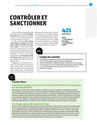 53Analyses juridiques / Bilan d’activité / Les sujets de réflexion en 2015 / Bilan financier et organisationnel / Annexes
CONTRÔLER ET
SANCTIONNER
Dans le cadre de son pouvoir de contrôle
a posteriori, la CNIL a réalisé 421 vérifica-
tions en 2014, dont les premiers contrôles
« en ligne », conformément à la loi relative
à la consommation de mars 2014.
La CNIL a procédé à 333 contrôles
« Informatique et Libertés » en 2014
(280 en 2013), dont 58 ont été réali-
sés « en ligne ». La mise en œuvre effec-
tive de ce nouveau pouvoir de contrôle
porte le nombre de contrôles opérés sur le
fondement de la seule loi « Informatique
et libertés » à 79 %. Les 21 % restant
correspondent aux 88 contrôles relatifs
aux systèmes vidéo, également soumis
aux dispositions du Code de la sécurité
intérieure (CSI).
S’agissant de la répartition des mis-
sions, 75 % concernaient le secteur privé,
25 % le secteur public. En revanche, en
matière de vidéo, 62 % ont été réalisés
dans le secteur public, essentiellement
auprès de collectivités locales. L’objectif
était notamment de s’assurer que les camé-
ras utilisées sur la voie publique et dispo-
sant de zooms très puissants, ne filmaient
pas dans les habitations. Depuis 2011,
la CNIL a réalisé plus de 500 contrôles
sur ce type de dispositifs, soit plusieurs
dizaines de milliers de caméras vérifiées
sur l’ensemble du territoire national.
Premiers bilans
Le paiement en ligne au travers de la lutte contre la fraude et la conservation
des données bancaires
Cette question a conduit la Commission à procéder à 20 contrôles sur place : 14 auprès d’e-commerçants et 6 auprès de
leurs prestataires. Il est apparu que plus d’un quart des organismes contrôlés mettaient en œuvre un traitement d’exclusion
(aux fins de prévention de la fraude) sans autorisation de la CNIL. Les principaux manquements constatés concernaient les
conditions de collecte et de conservation de données issues des cartes bancaires : copies du recto/verso de la carte bancaire,
conservation du cryptogramme visuel au-delà de la durée nécessaire au paiement, absence de chiffrement des informations
en base, etc. Enfin, plusieurs e-commerçants conservaient les données relatives à la carte bancaire, en vue de faciliter
d’éventuels achats ultérieurs sur le même site, sans recueillir le consentement exprès des consommateurs concernés.
Les réseaux sociaux de rencontre en ligne
En 2014, la CNIL a réalisé 10 contrôles de sites de rencontre parmi les plus connus, choisis en fonction de leur fréquentation
ou de leurs particularités. Les constatations effectuées ont permis de mieux appréhender les pratiques de ce secteur, ainsi
que les modalités de gestion des données personnelles. À cet égard, et compte tenu de la nature « sensible » des données
des utilisateurs de ces sites, la CNIL a constaté que les mesures prises pour assurer la protection de ces données n’étaient
globalement pas satisfaisantes. Il a notamment été relevé que les données des utilisateurs sont le plus souvent conservées
sans limitation de durée. Aussi, la CNIL encourage-t-elle d’ores et déjà vivement les sites de rencontre à mieux prendre en
compte les enjeux de la protection des données, vecteur de confiance pour leurs utilisateurs.
INFOS +
L’origine des contrôles
• 28 % résultent du programme annuel décidé chaque année par la Commission ;
• 24 % s’inscrivent dans le cadre de l’instruction de plaintes ;
• 40 % sont effectués à l’initiative de la CNIL, notamment au vu de l’actualité ;
• 6 % font suites à un courrier d’observation adressé après un premier contrôle ;
• 2 % sont réalisés dans le cadre des suites de mises en demeure ou de
procédures de sanction.
FOCUS
421CONTRÔLES
DONT
58 CONTRÔLES
EN LIGNE
88 CONTRÔLES
VIDÉO
 