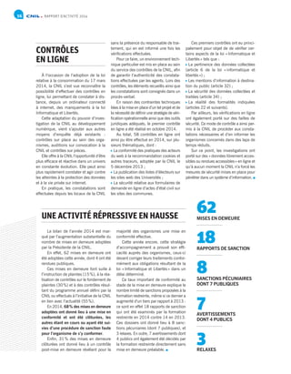 RAPPORT D’ACTIVITÉ 201456
Le bilan de l’année 2014 est mar-
qué par l’augmentation substantielle du
nombre de mises en demeure adoptées
par la Présidente de la CNIL.
En effet, 62 mises en demeure ont
été adoptées cette année, dont 4 ont été
rendues publiques.
Ces mises en demeure font suite à
l’instruction de plaintes (15 %), à la réa-
lisation de contrôles sur le fondement de
plaintes (30 %) et à des contrôles résul-
tant du programme annuel défini par la
CNIL ou effectués à l’initiative de la CNIL
en lien avec l’actualité (55 %).
En 2014, 68 % des mises en demeure
adoptées ont donné lieu à une mise en
conformité et ont été clôturées, les
autres étant en cours ou ayant été sui-
vies d’une procédure de sanction faute
pour l’organisme de s’y conformer.
Enfin, 31 % des mises en demeure
clôturées ont donné lieu à un contrôle
post-mise en demeure révélant pour la
majorité des organismes une mise en
conformité effective.
Cette année encore, cette stratégie
d’accompagnement a prouvé son effi-
cacité auprès des organismes, ceux-ci
devant corriger leurs traitements confor-
mément aux obligations résultant de la
loi « Informatique et Libertés » dans un
délai déterminé.
Ce taux important de conformité au
stade de la mise en demeure explique le
nombre limité de sanctions proposées à la
formation restreinte, même si ce dernier a
augmenté d’un tiers par rapport à 2013 :
ce sont en effet 18 rapports de sanction
qui ont été examinés par la formation
restreinte en 2014 contre 14 en 2013.
Ces dossiers ont donné lieu à 8 sanc-
tions pécuniaires (dont 7 publiques), et
3 relaxes. En outre, 7 avertissements dont
4 publics ont également été décidés par
la formation restreinte directement sans
mise en demeure préalable.
UNE ACTIVITÉ RÉPRESSIVE EN HAUSSE
À l’occasion de l’adoption de la loi
relative à la consommation du 17 mars
2014, la CNIL s’est vue reconnaître la
possibilité d’effectuer des contrôles en
ligne, lui permettant de constater à dis-
tance, depuis un ordinateur connecté
à internet, des manquements à la loi
Informatique et Libertés.
Cette adaptation du pouvoir d’inves-
tigation de la CNIL au développement
numérique, vient s’ajouter aux autres
moyens d’enquête déjà existants :
contrôles sur place au sein des orga-
nismes, auditions sur convocation à la
CNIL et contrôles sur pièces.
Elle offre à la CNIL l’opportunité d’être
plus efficace et réactive dans un univers
en constante évolution. Elle peut ainsi
plus rapidement constater et agir contre
les atteintes à la protection des données
et à la vie privée sur internet.
En pratique, les constatations sont
effectuées depuis les locaux de la CNIL
sans la présence du responsable de trai-
tement, qui en est informé une fois les
vérifications effectuées.
Pour ce faire, un environnement tech-
nique particulier est mis en place au sein
du service des contrôles de la CNIL, afin
de garantir l’authenticité des constata-
tions effectuées par les agents. Lors des
contrôles, les éléments recueillis ainsi que
les constatations sont consignés dans un
procès-verbal.
En raison des contraintes techniques
liées à la mise en place d’un tel projet et de
la nécessité de définir une stratégie de véri-
fication opérationnelle ainsi que des outils
juridiques adéquats, le premier contrôle
en ligne a été réalisé en octobre 2014.
Au total, 58 contrôles en ligne ont
ainsi pu être effectué en 2014, sur plu-
sieurs thématiques, dont :
 La conformité des pratiques des acteurs
du web à la recommandation cookies et
autres traceurs, adoptée par la CNIL le
5 décembre 2013 ;
 La publication des listes d’électeurs sur
les sites web des Universités ;
 La sécurité relative aux formulaires de
demande en ligne d’actes d’état civil sur
les sites des communes.
Ces premiers contrôles ont eu princi-
palement pour objet de de vérifier cer-
tains aspects de la loi « Informatique et
Libertés » tels que :
 La pertinence des données collectées
(article 6 de la loi « informatique et
libertés ») ;
 Les mentions d’information à destina-
tion du public (article 32) ;
 La sécurité des données collectées et
traitées (article 34) ;
 La réalité des formalités indiquées
(articles 22 et suivants).
Par ailleurs, les vérifications en ligne
ont également porté sur des failles de
sécurité. Ce mode de contrôle a ainsi per-
mis à la CNIL de procéder aux consta-
tations nécessaires et d’en informer les
organismes concernés dans des laps de
temps réduits.
Sur ce point, les investigations ont
porté sur des « données librement acces-
sibles ou rendues accessibles » en ligne et
qu’à aucun moment la CNIL n’a forcé les
mesures de sécurité mises en place pour
pénétrer dans un système d’information.
CONTRÔLES
EN LIGNE
62MISES EN DEMEURE
18RAPPORTS DE SANCTION
8SANCTIONS PÉCUNIAIRES
DONT 7 PUBLIQUES
7AVERTISSEMENTS
DONT 4 PUBLICS
3RELAXES
 